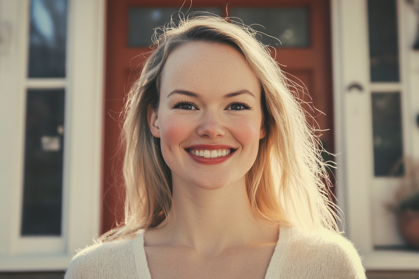 Une femme debout devant sa maison, souriante | Source : Midjourney