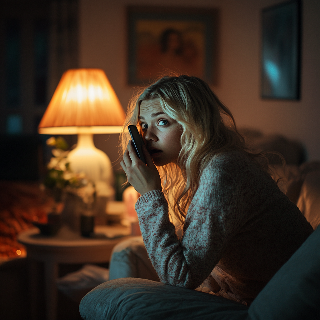 Une femme effrayée qui parle au téléphone | Source : Midjourney