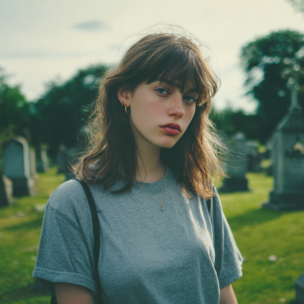 Une jeune femme pensive debout dans un cimetière | Source : Midjourney