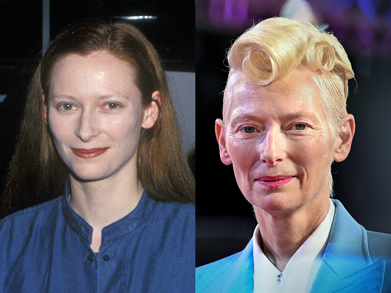 Tilda Swinton dans ses jeunes années et aujourd'hui. | Source : Getty Images