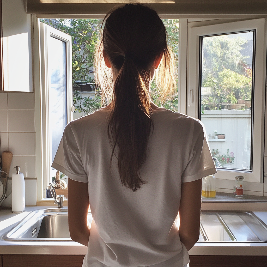 Une femme debout devant un évier de cuisine | Source : Midjourney