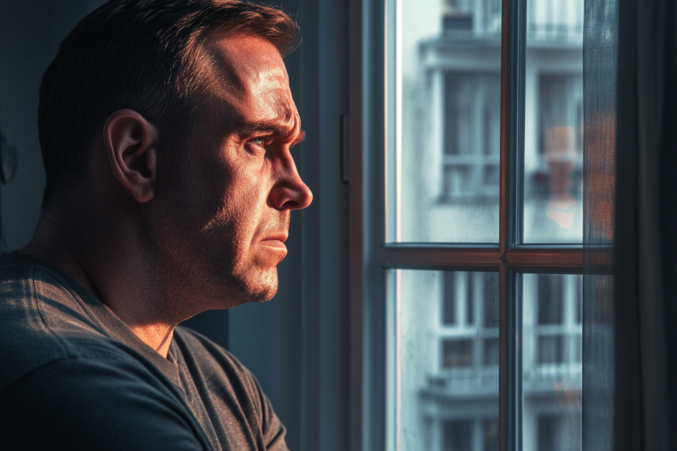 Un homme furieux qui regarde par la fenêtre | Source : Midjourney