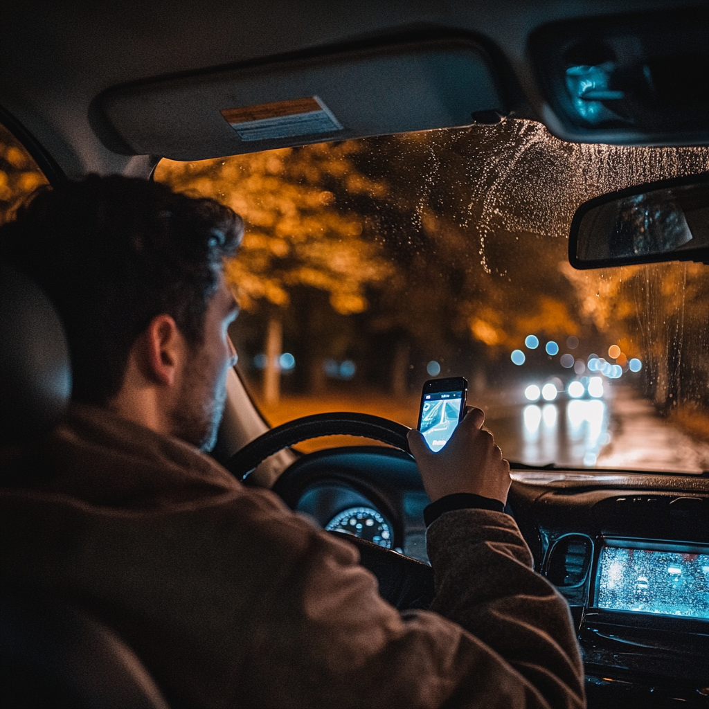 Un homme qui regarde son téléphone en conduisant | Source : Midjourney