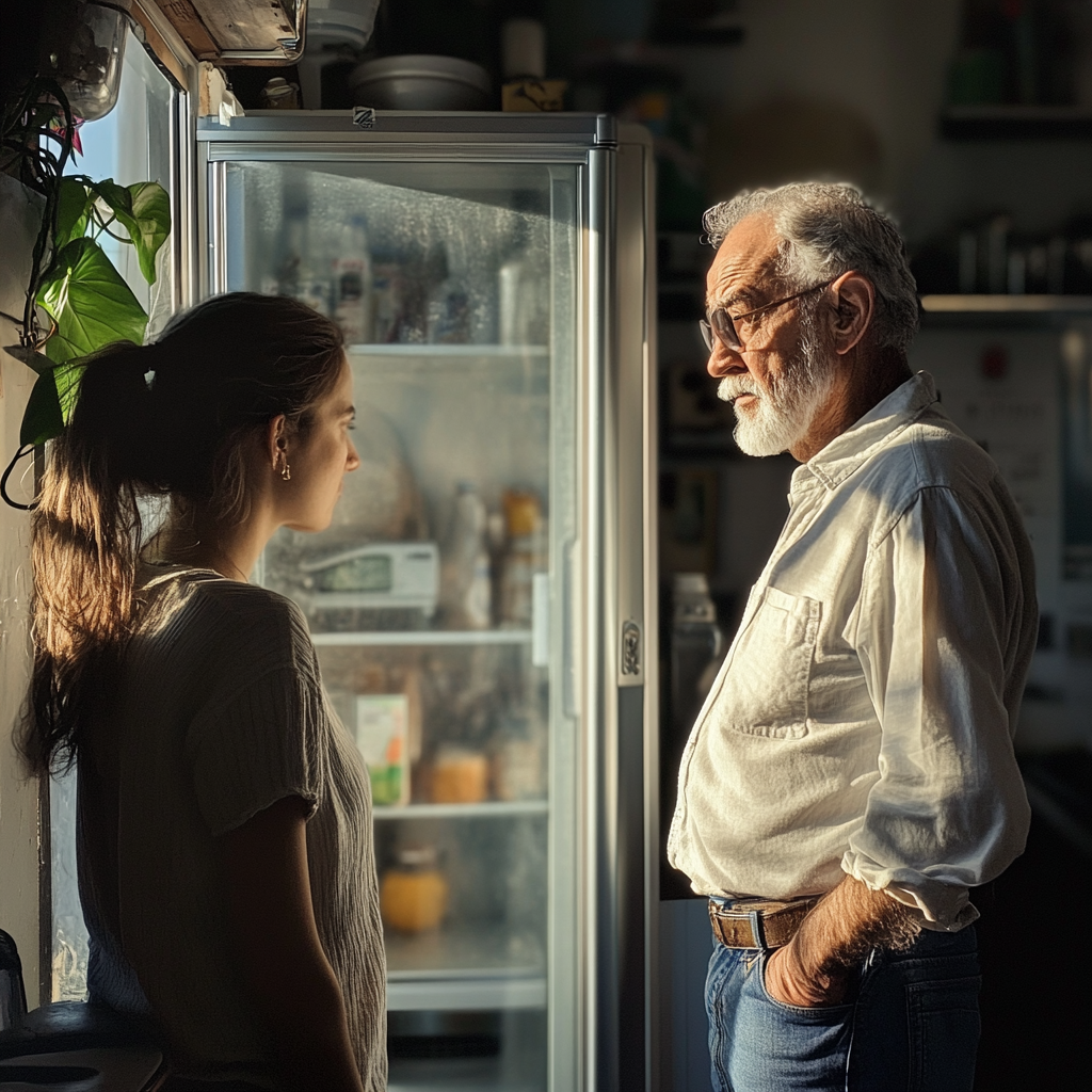 Homme âgé debout à côté du réfrigérateur en train de parler à sa belle-fille | Source : Midjourney