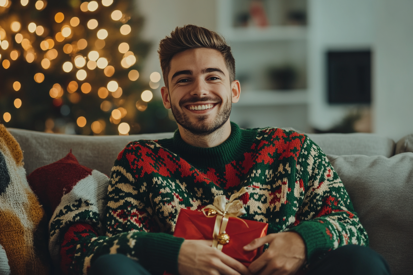 Un homme heureux assis au salon à Noël | Source : Midjourney