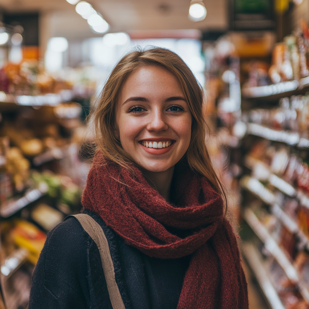 Une femme souriante portant un foulard rouge | Source : Midjourney