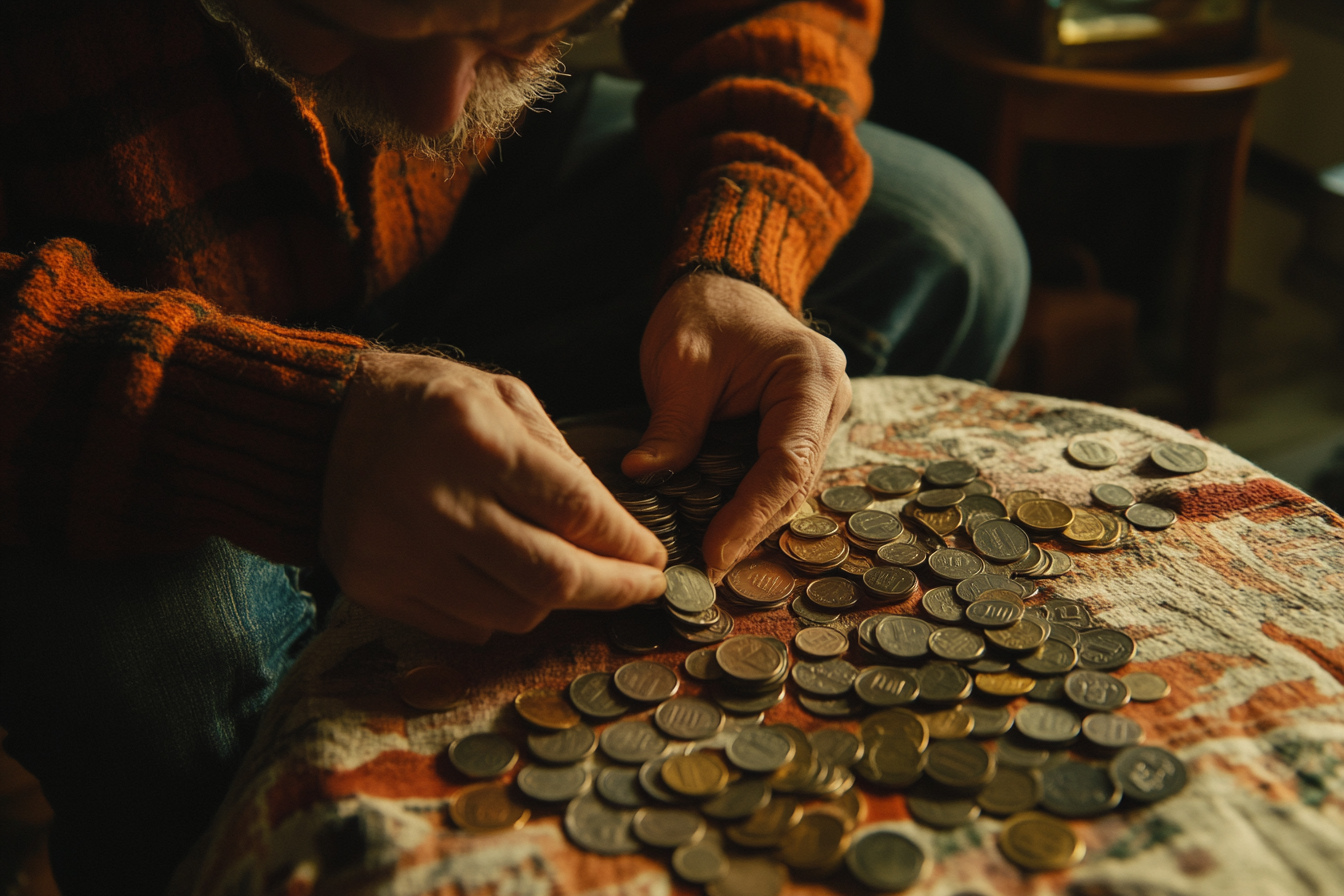 Gros plan sur les mains d'un homme qui compte de petites pièces monnaie | Source : Midjourney