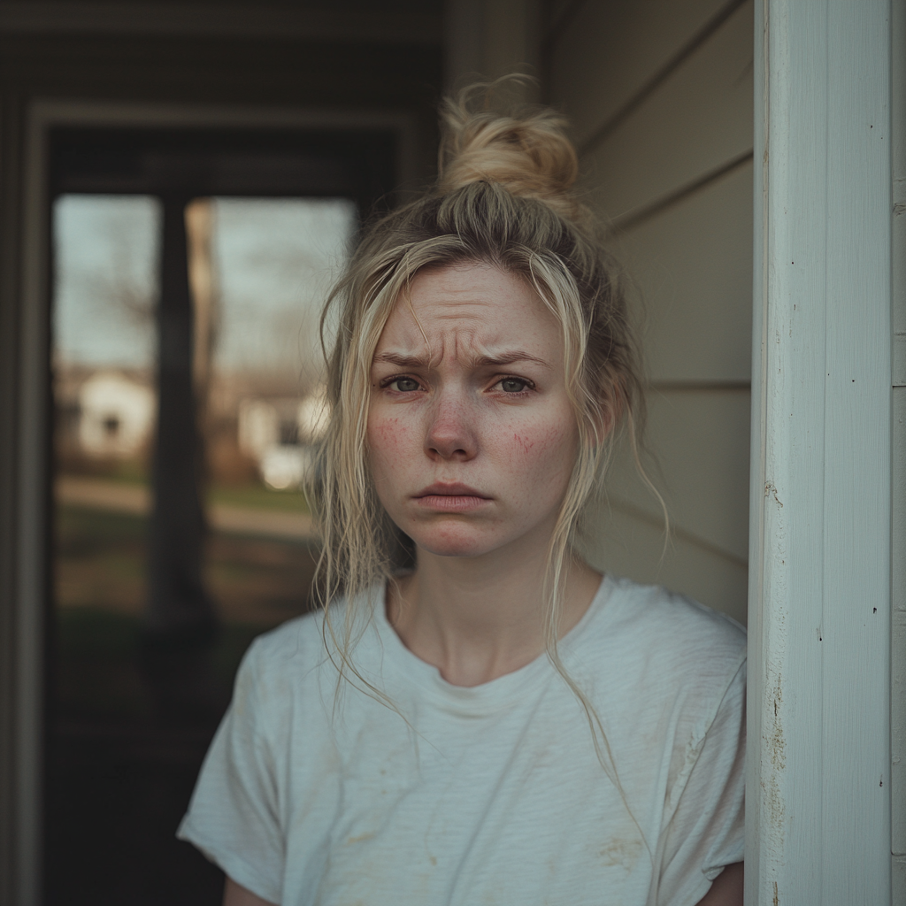 Une femme aux cheveux blonds et aux yeux fatigués se tenant sur le seuil d'une porte | Source : Midjourney