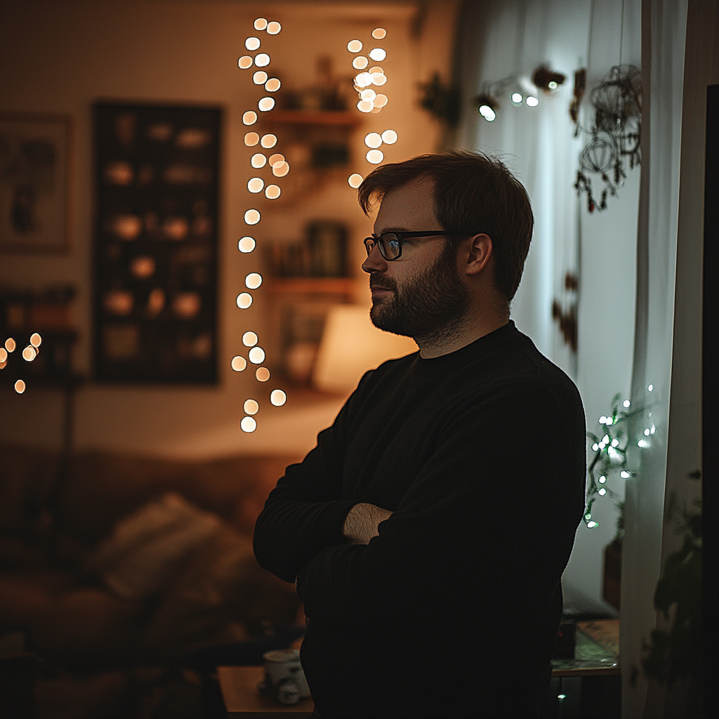 Un homme sérieux debout dans son salon | Source : Midjourney