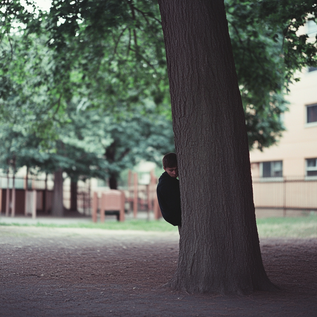 Un homme qui se cache derrière un arbre près de la cour de récréation de l'école | Source : Midjourney