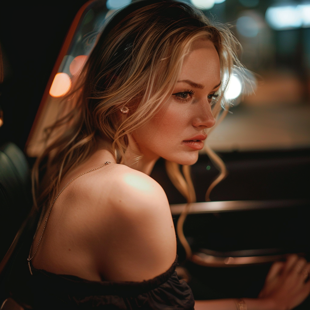 Une femme aux yeux pleins de larmes assise sur la banquette arrière d'un taxi | Source : Midjourney