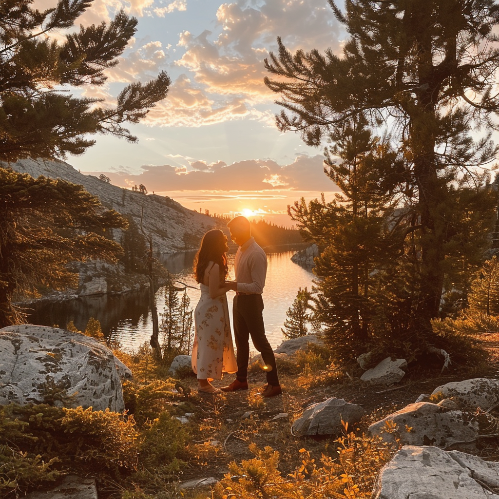 Un couple qui se regarde fixement sur fond de coucher de soleil | Source : Midjourney