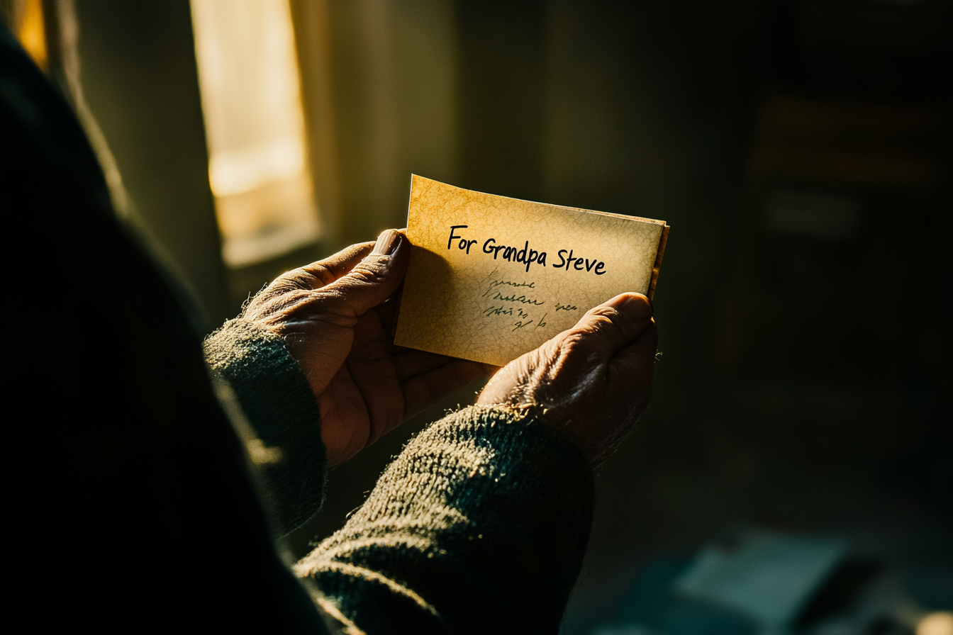 Man holding a letter that says "For Grandpa Steve" | Source: Midjourney