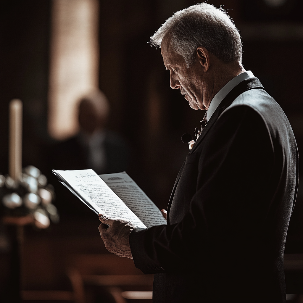 Homme âgé lisant une lettre lors d'un enterrement | Source : Midjourney