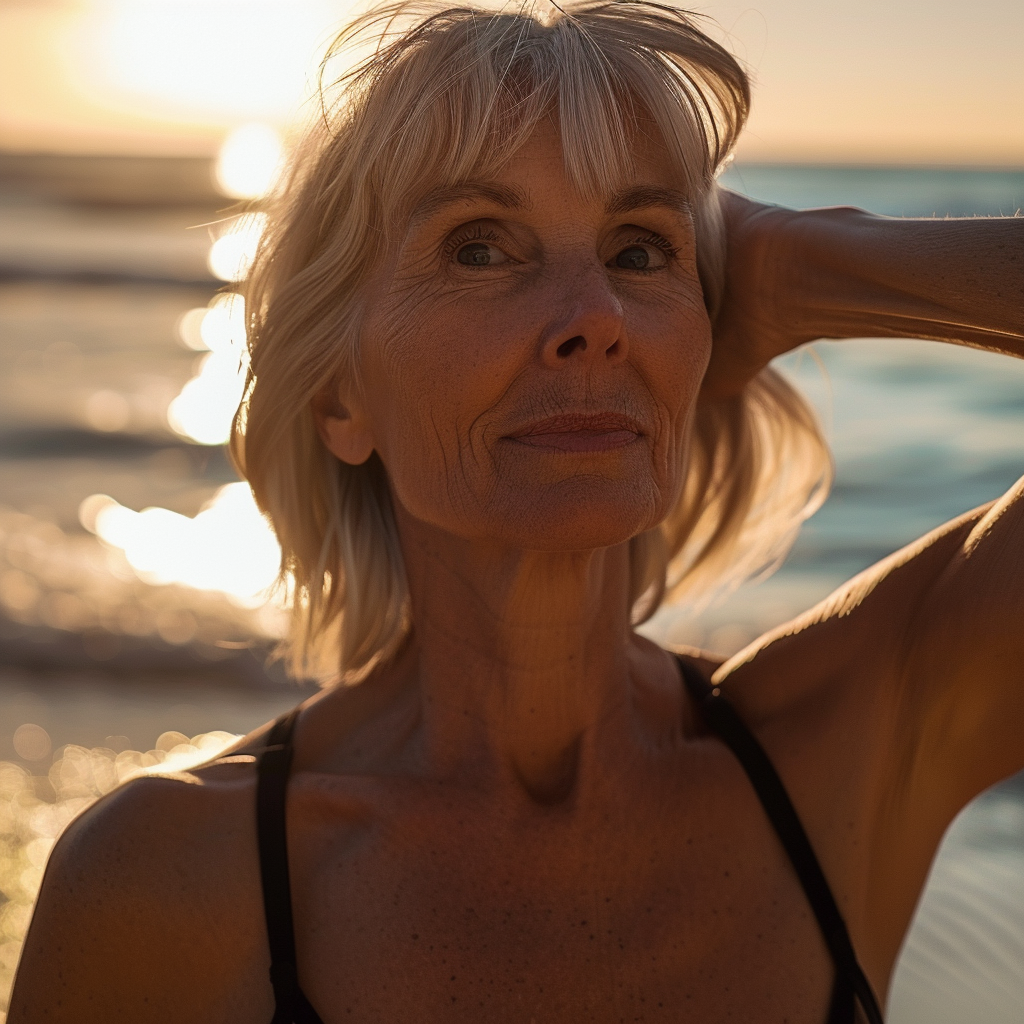 Une femme âgée en maillot de bain noir | Source : Midjourney