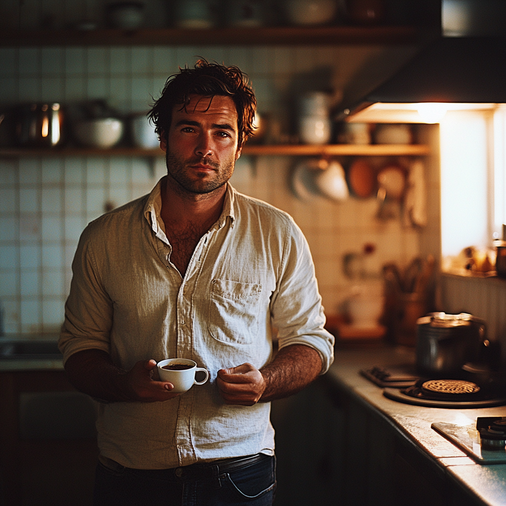 Un homme fatigué tenant une tasse de café dans la cuisine | Source : Midjourney