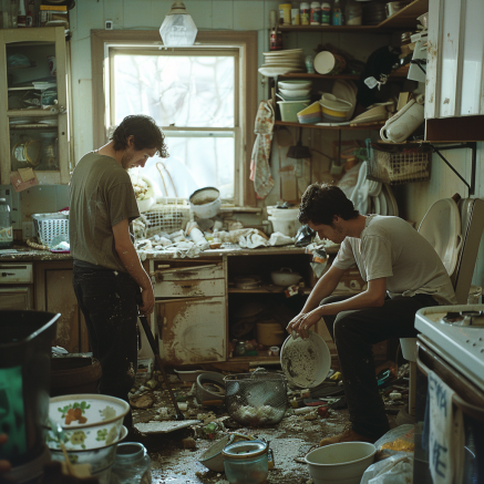 Deux hommes nettoient une maison sale | Source : Midjourney
