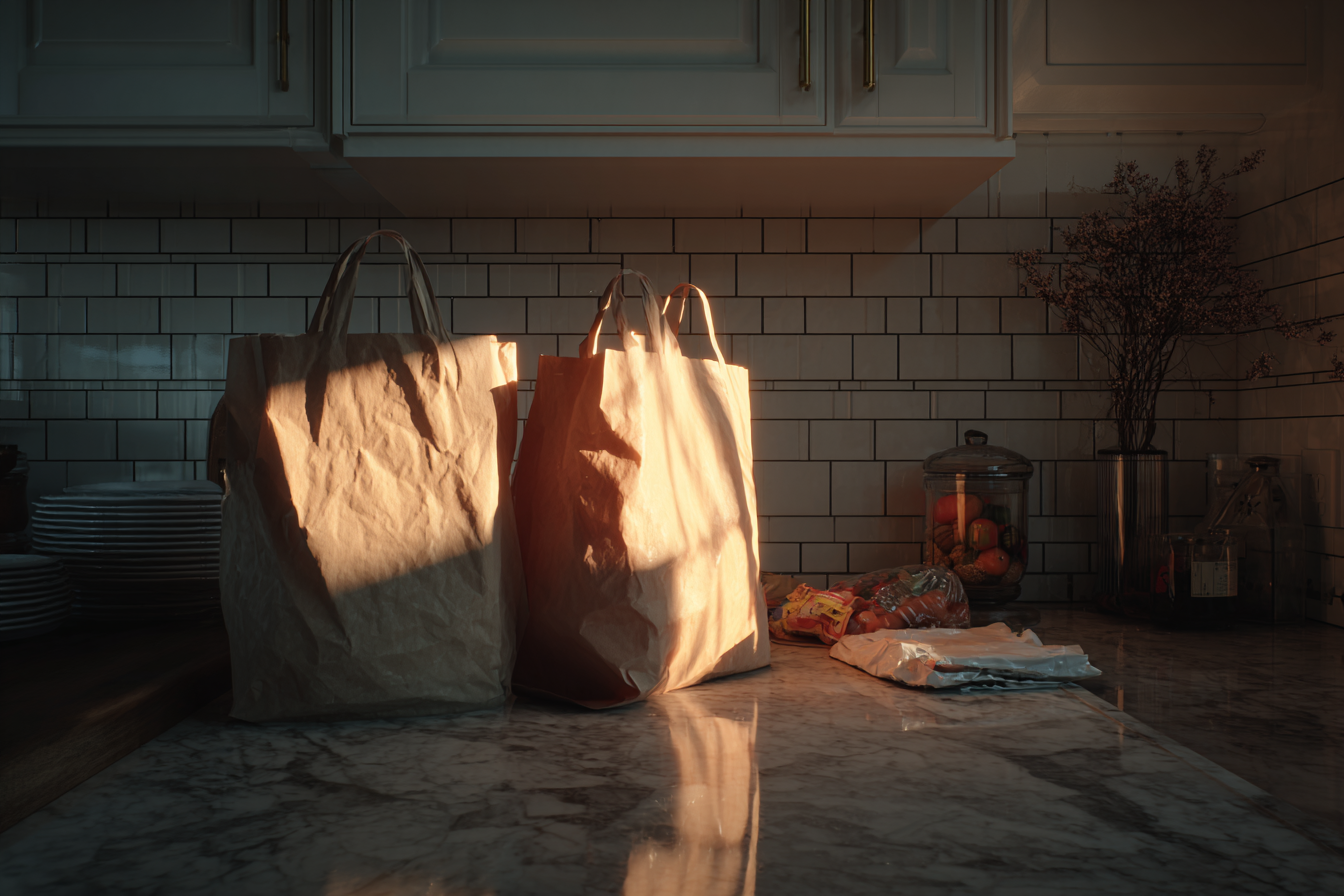 Sacs d'épicerie sur un comptoir de cuisine | Source : Midjourney