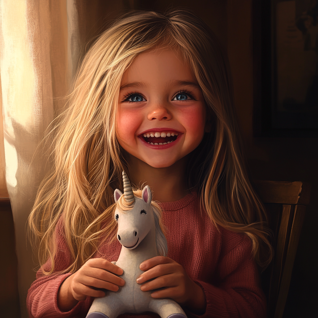 Une petite fille joyeuse tenant une peluche de licorne | Source : Midjourney