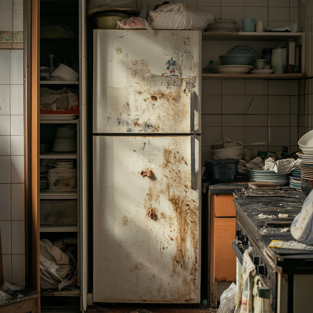 A fridge in a messy kitchen looks dirty and covered in grime | Source: Midjourney