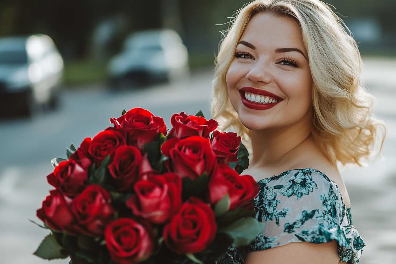 Une femme souriante tenant un bouquet | Source : Midjourney