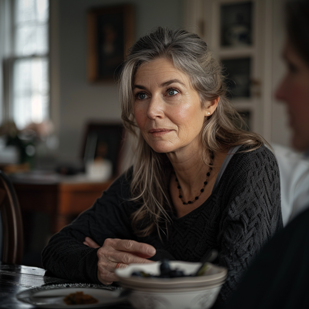 Une femme d'âge moyen qui fait part de ses inquiétudes lors d'un dîner en famille | Source : Midjourney