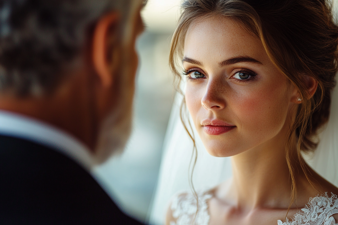 Une mariée se tenant face à son père, engagée dans une conversation tendue. | Source : Midjourney