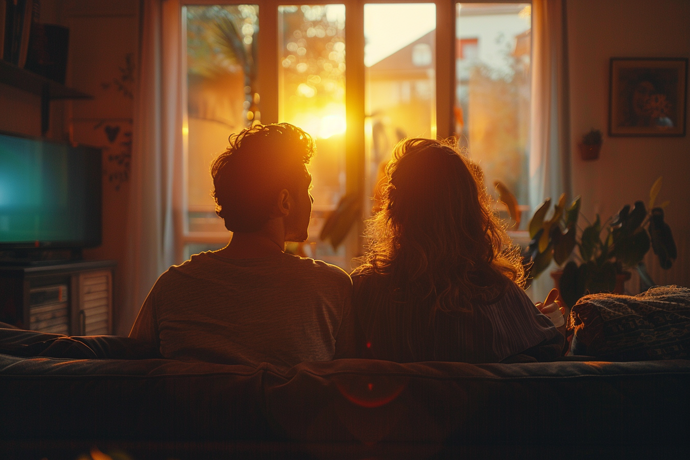 Un couple assis dans son salon | Source : Midjourney