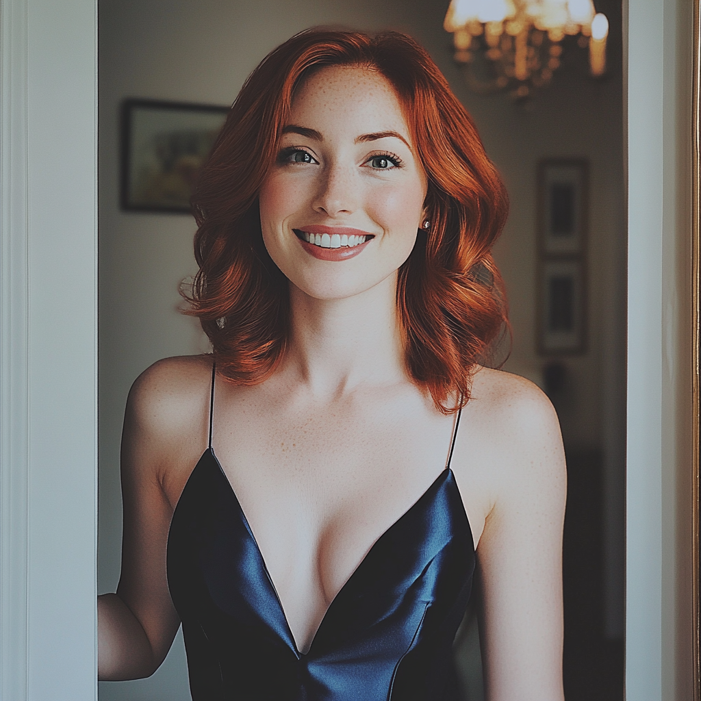 Une femme souriante portant une robe en satin bleu | Source : Midjourney