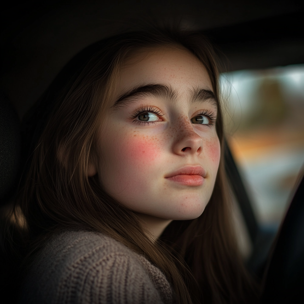 Une adolescente assise dans une voiture et regardant au loin | Source : Midjourney