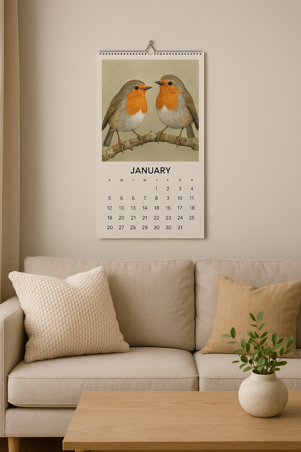 Un calendrier avec une image de rouge-gorge | Source : DALL-E