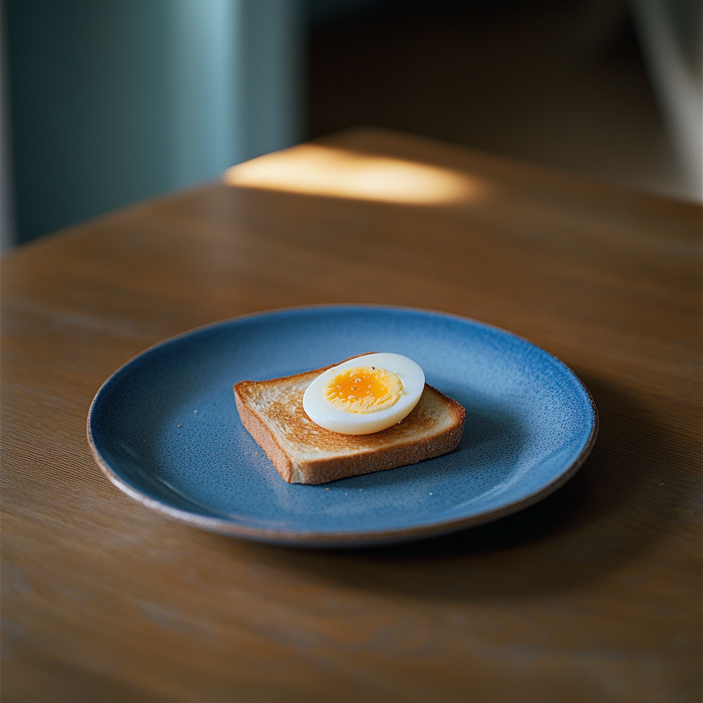 Un petit toast nature et un œuf dur non assaisonné posés sur une assiette | Source : Midjourney