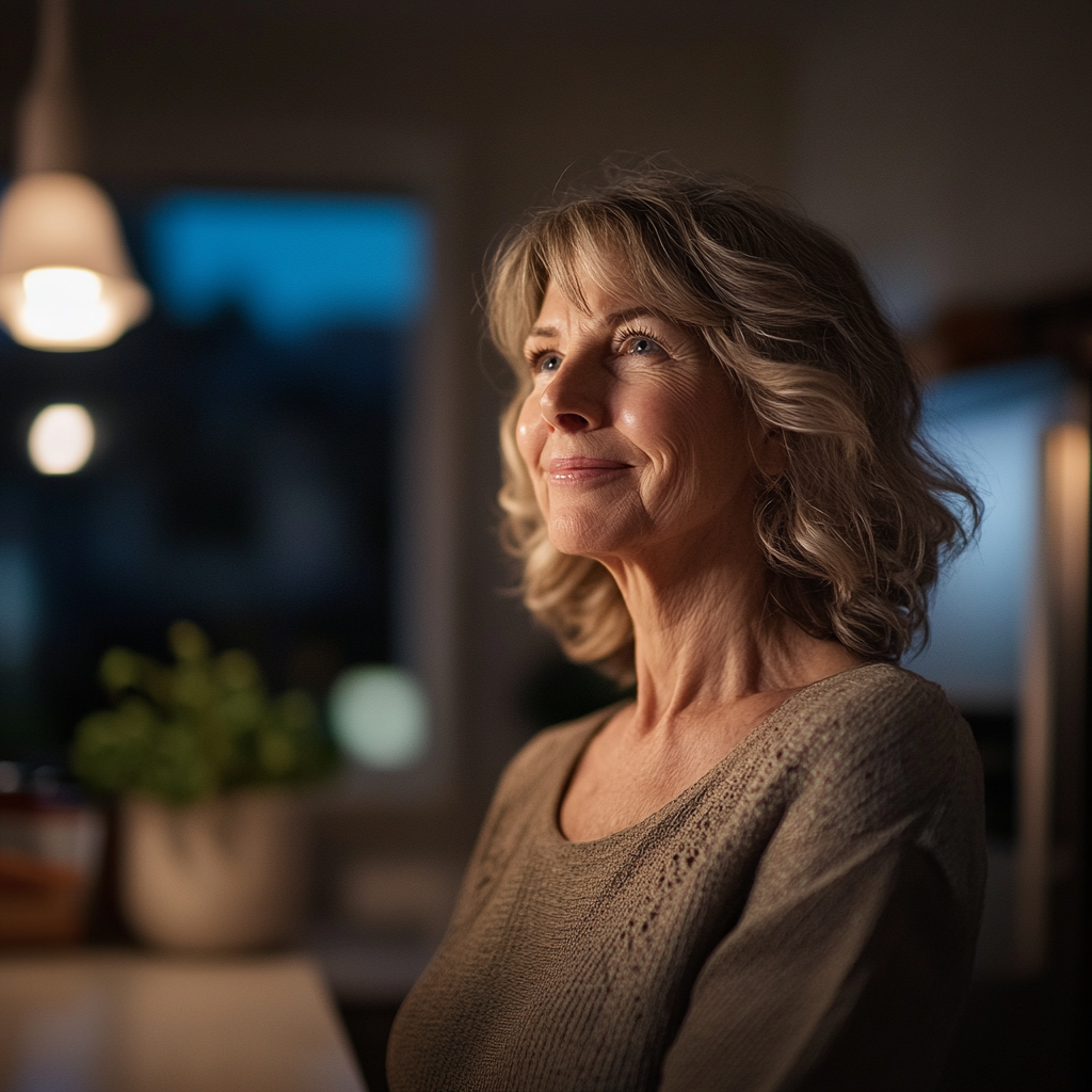 Une femme âgée force le sourire en regardant quelqu'un | Source : Midjourney