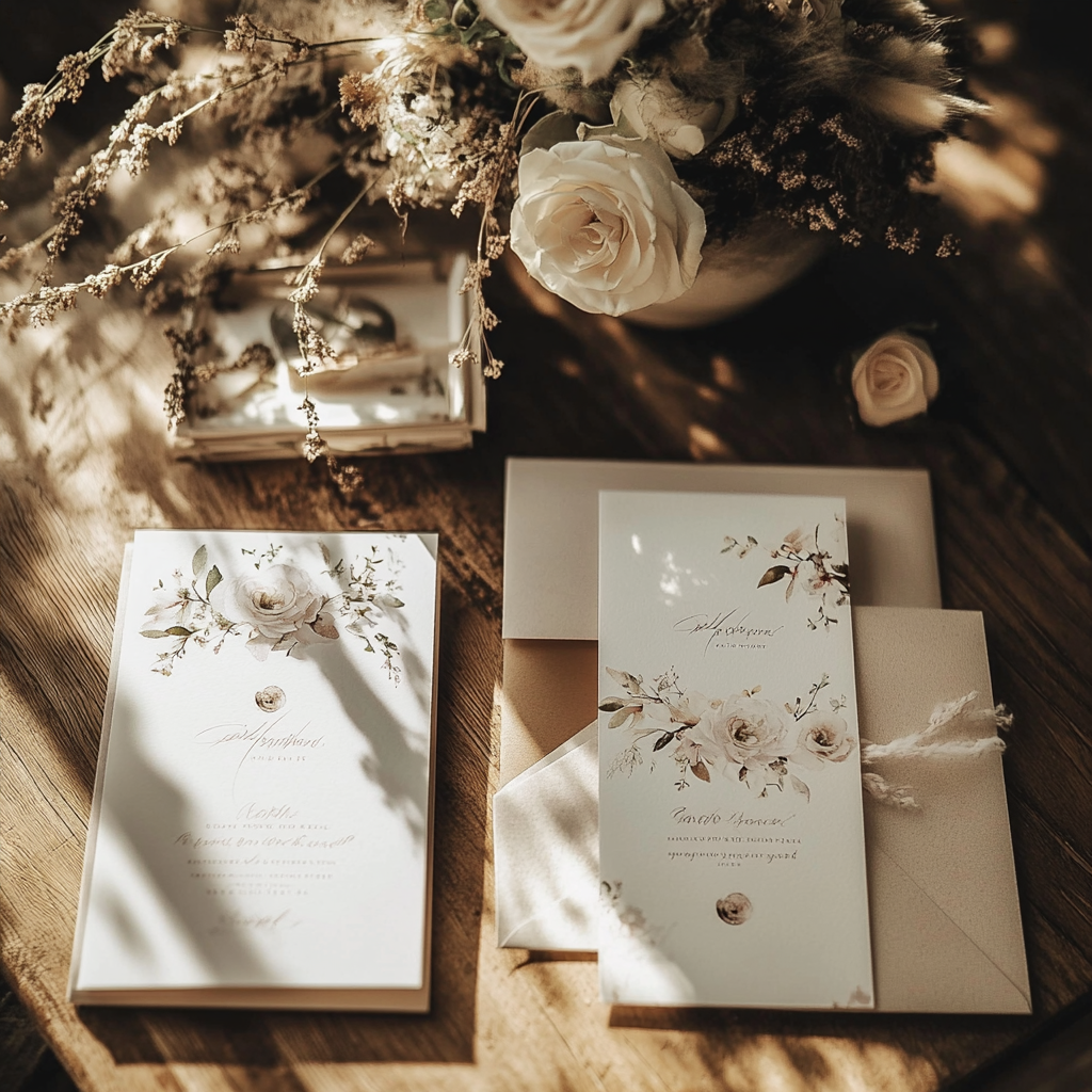 Wedding invitations on a table | Source: Midjourney