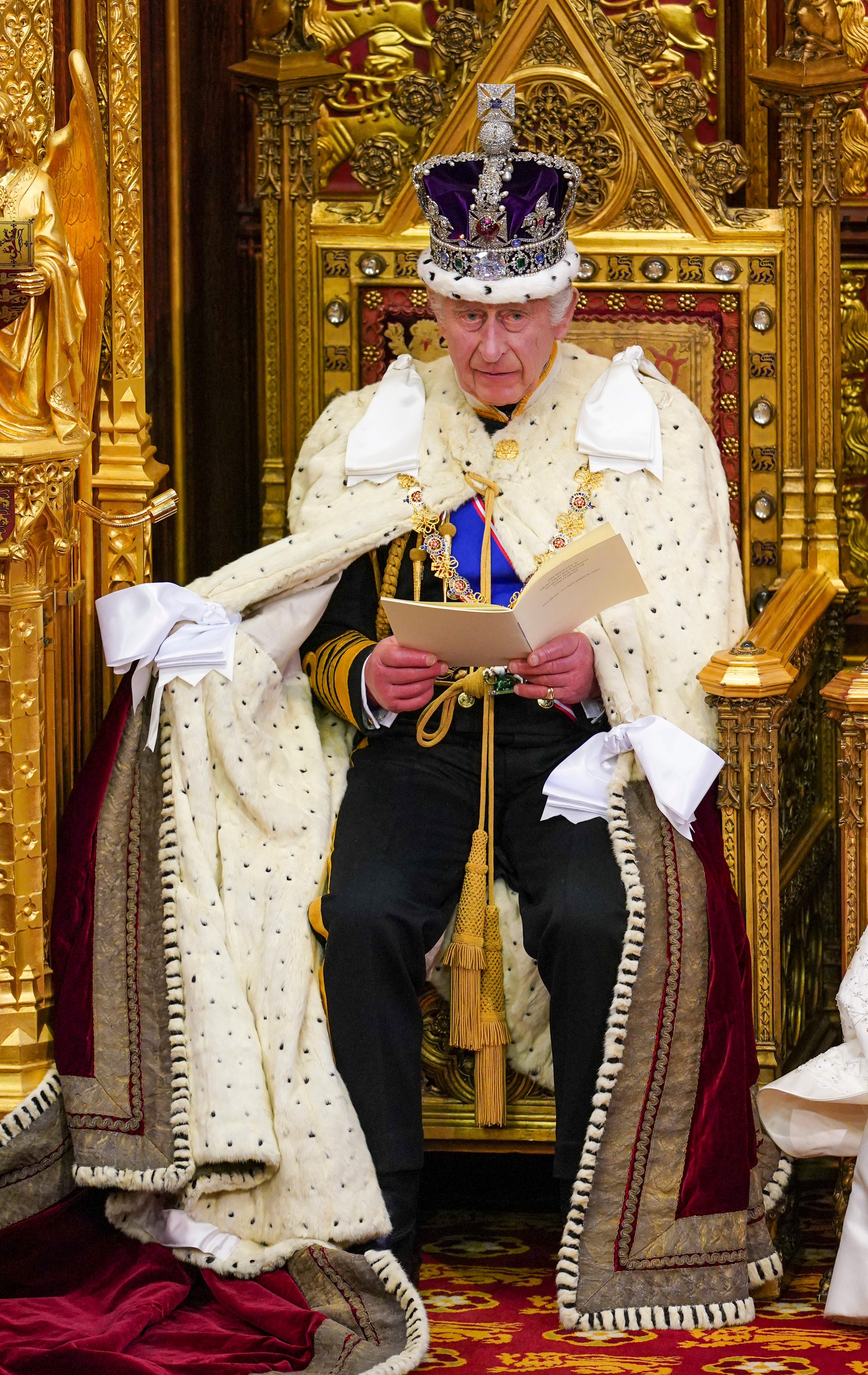 Le roi Charles III lisant un discours lors de l'ouverture officielle du Parlement à Londres, en Angleterre, le 7 novembre 2023 | Source : Getty Images