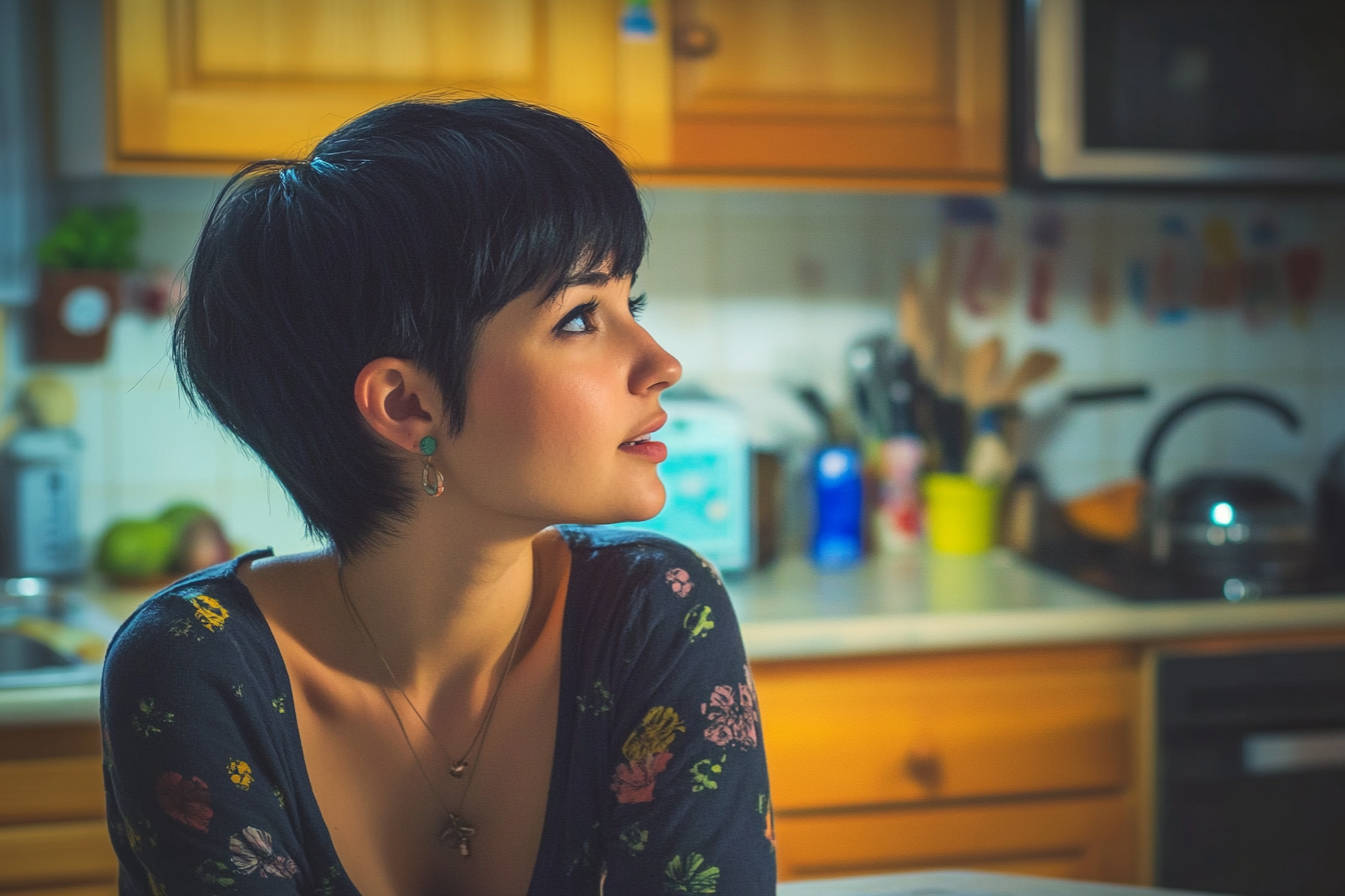 Une femme jette un coup d'œil d'un côté | Source : Midjourney
