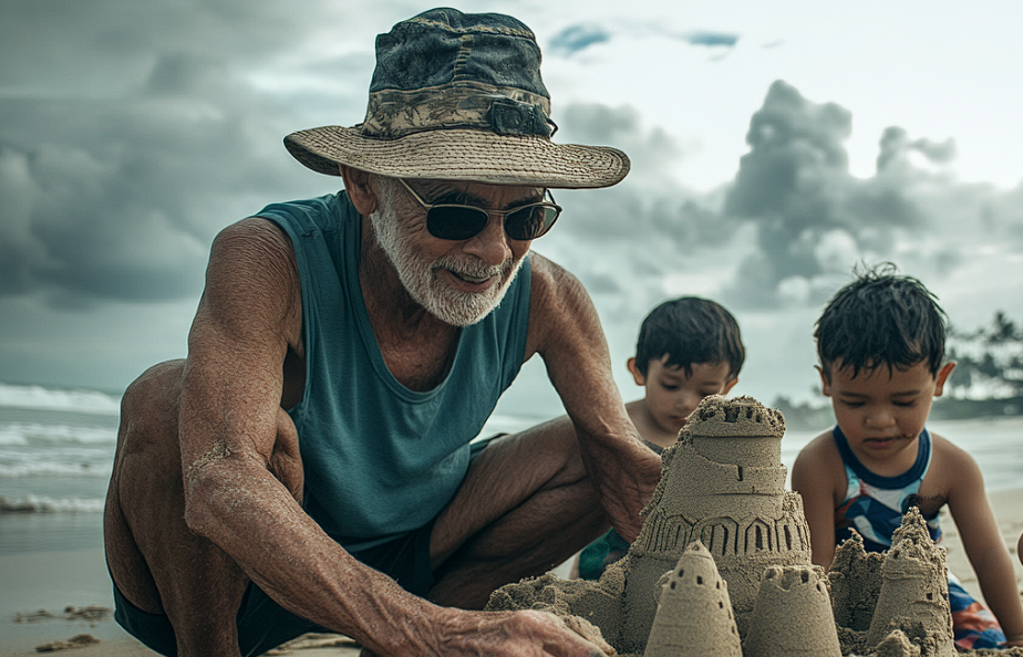 Un homme âgé construisant un château de sable avec quelques enfants | Source : Midjourney