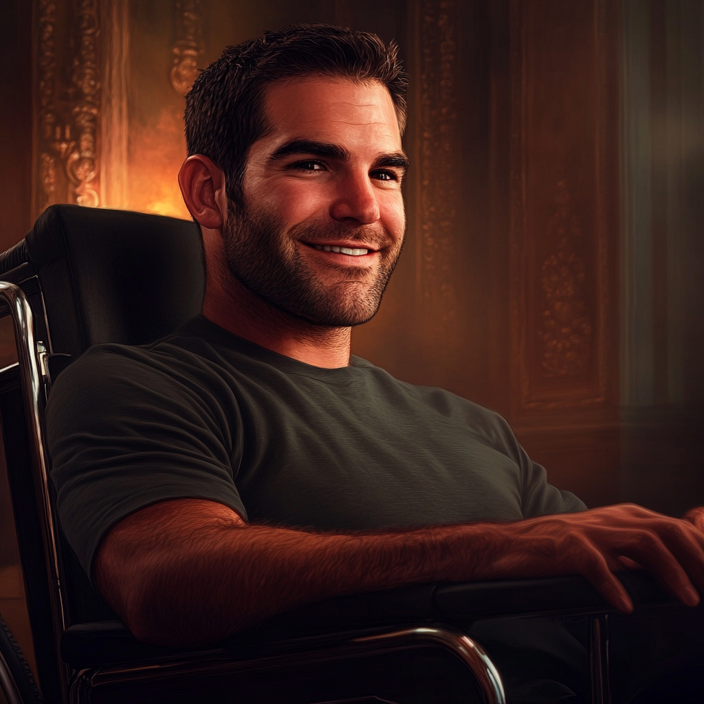 Un homme souriant assis dans un fauteuil roulant | Source : Midjourney