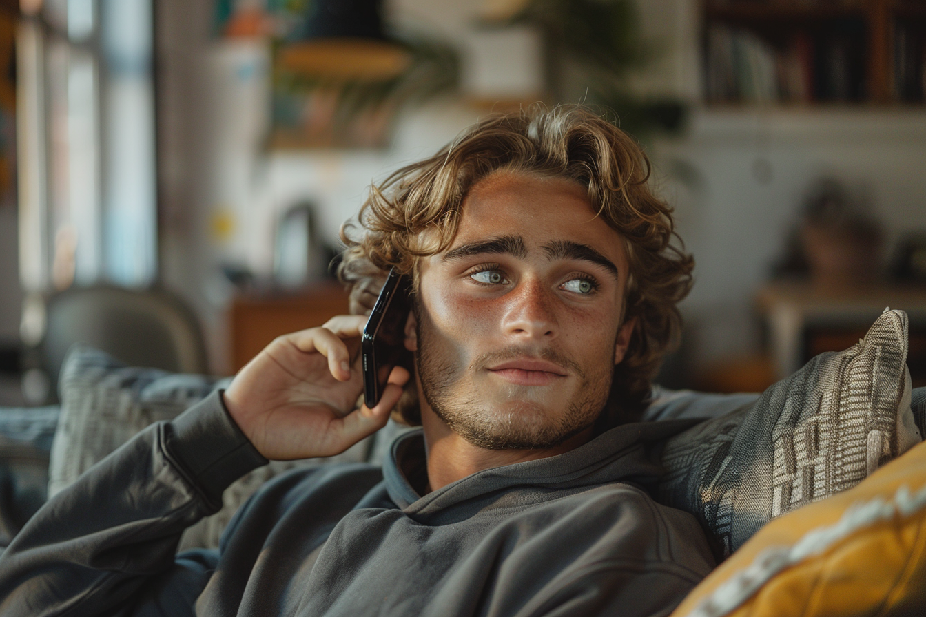 Un jeune homme qui répond à un appel téléphonique dans son salon | Source : Midjourney