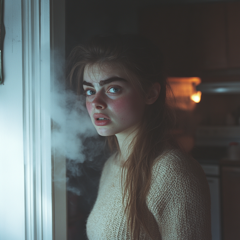 Une femme choquée se tenant près de la porte de la cuisine alors qu'elle est entourée de fumée | Source : Midjourney