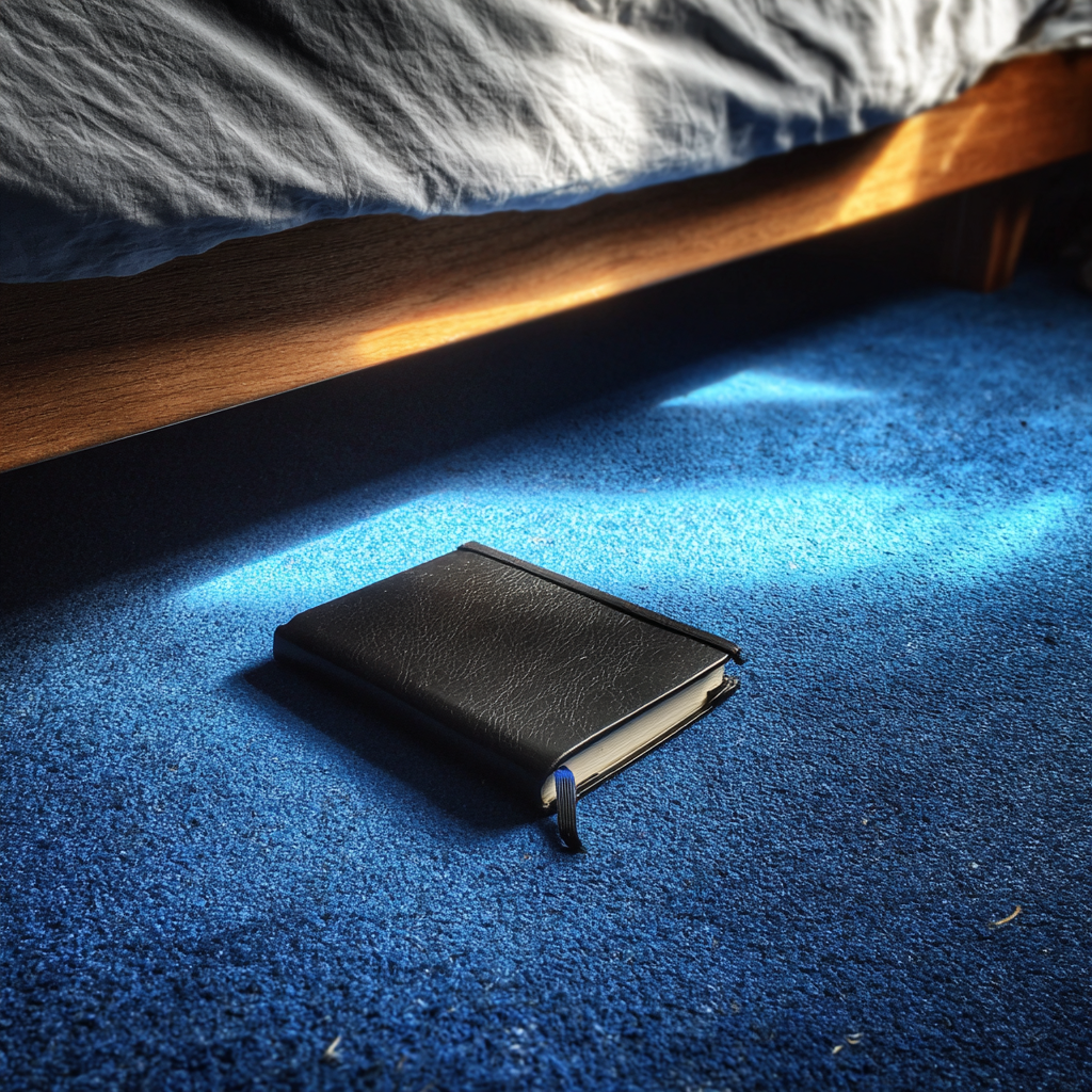 Un cahier noir sur le sol d'une chambre à coucher | Source : Midjourney