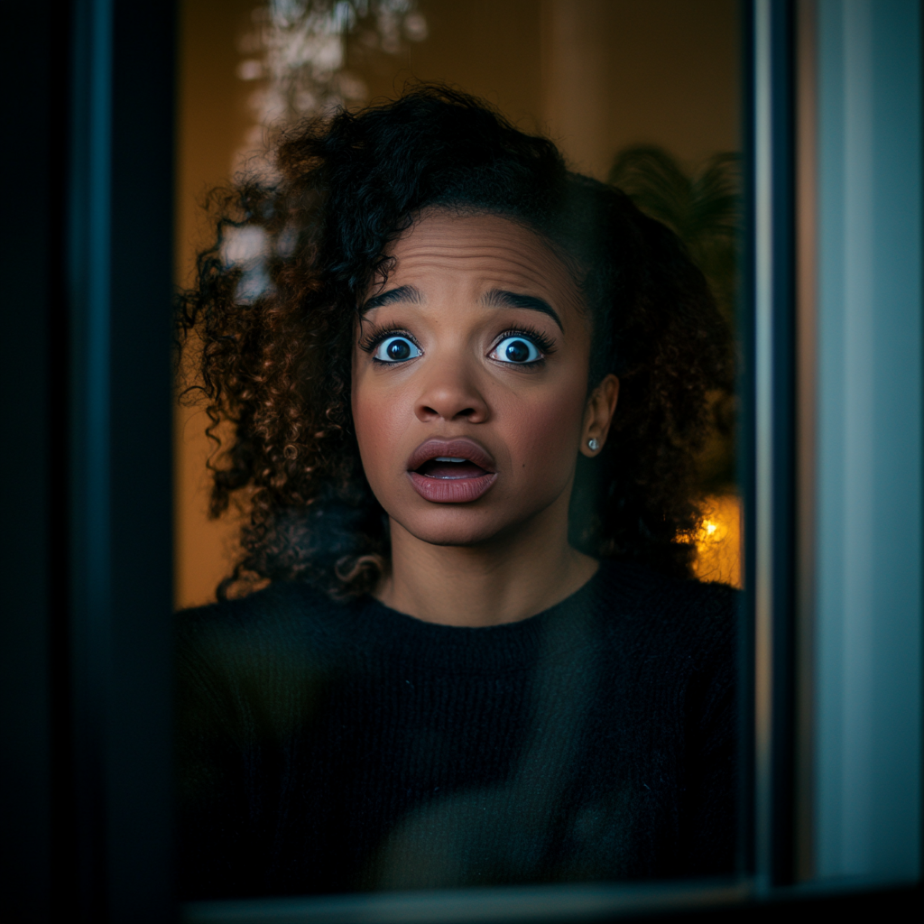 Une femme noire choquée qui regarde par la fenêtre | Source : Midjourney