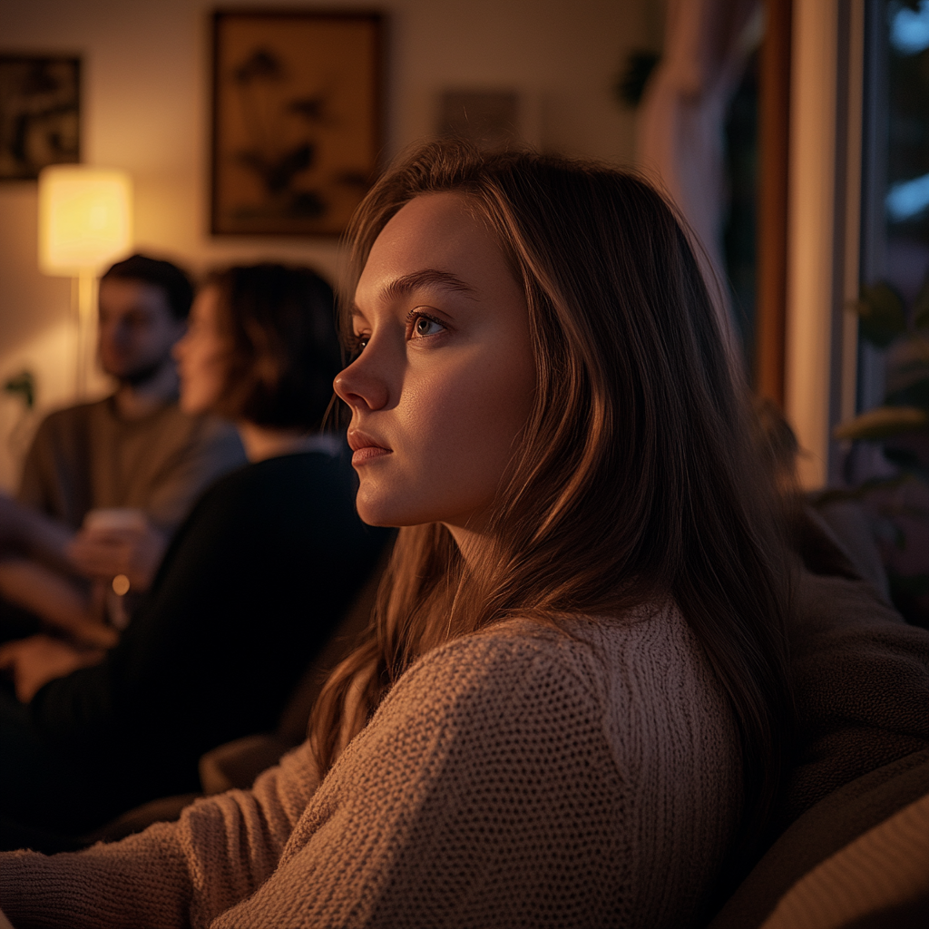 A quiet woman sitting on a couch at a small family gathering | Source: Midjourney