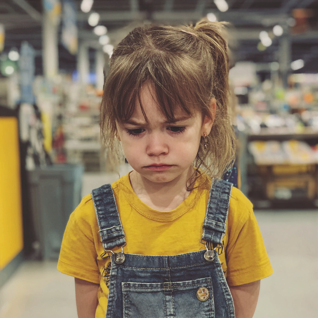Une petite fille qui fronce les sourcils dans une salopette en jean | Source : Midjourney