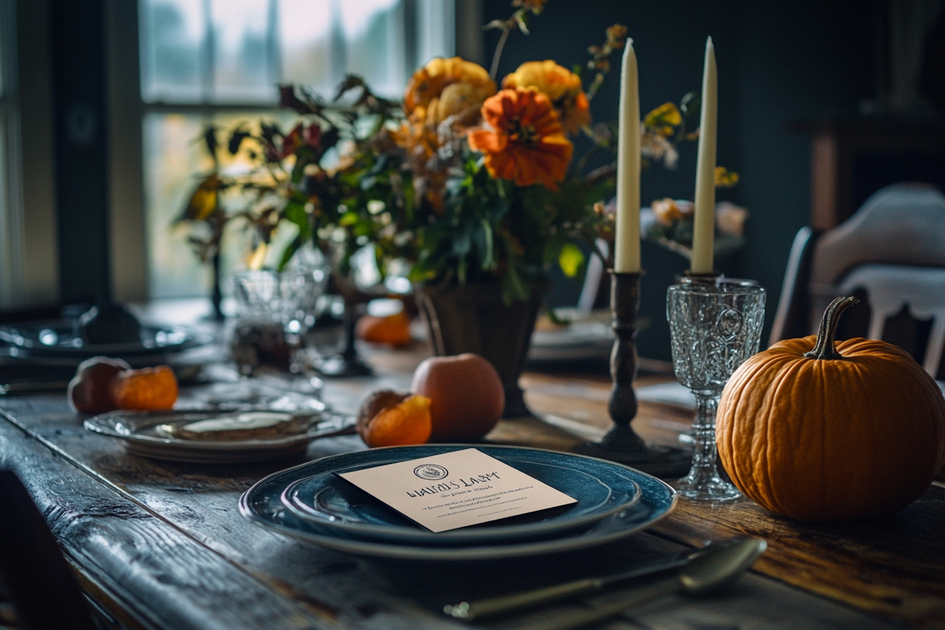 Une carte de visite sur une table de Thanksgiving | Source : Midjourney