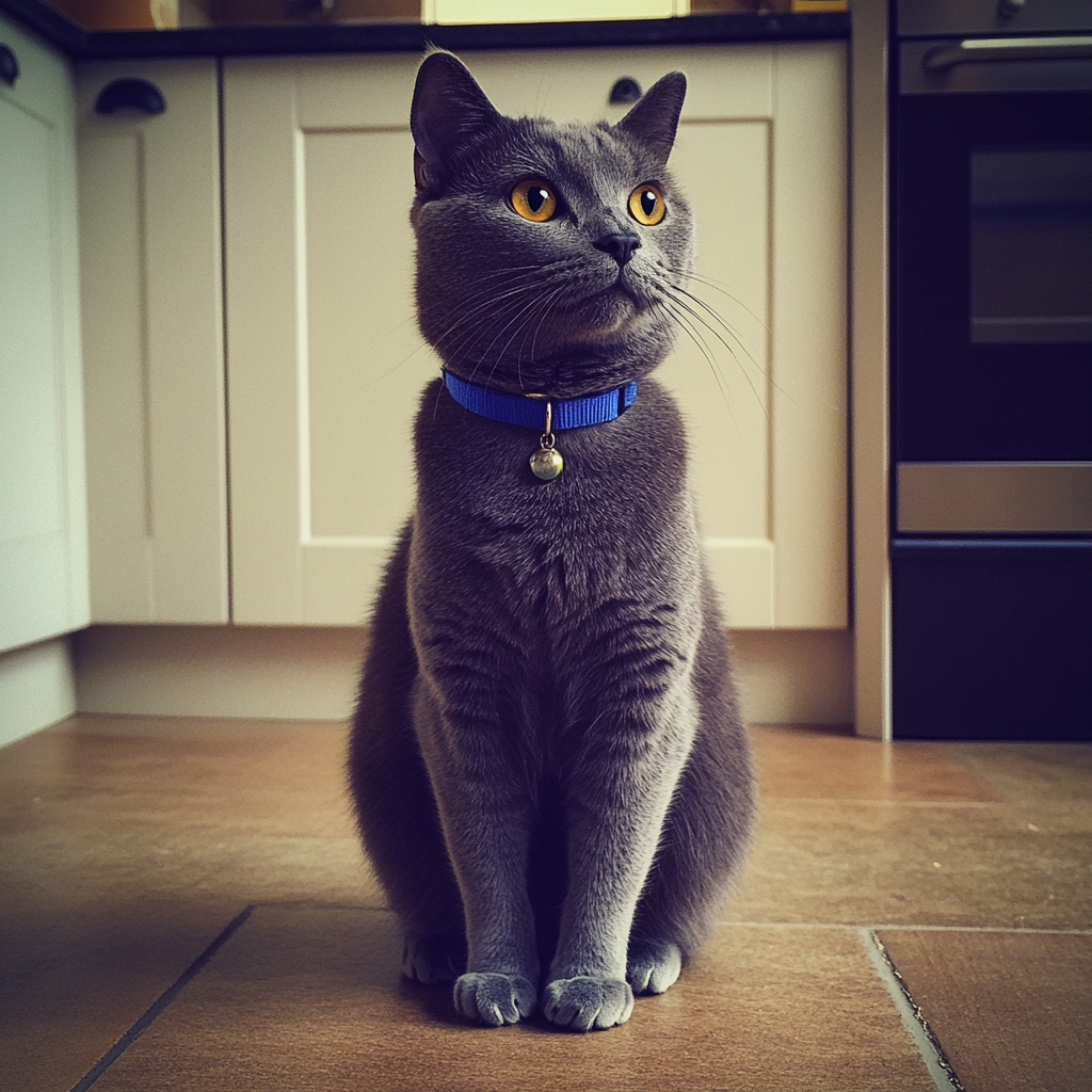 Eine graue Katze mit einem blauen Halsband | Quelle: Midjourney