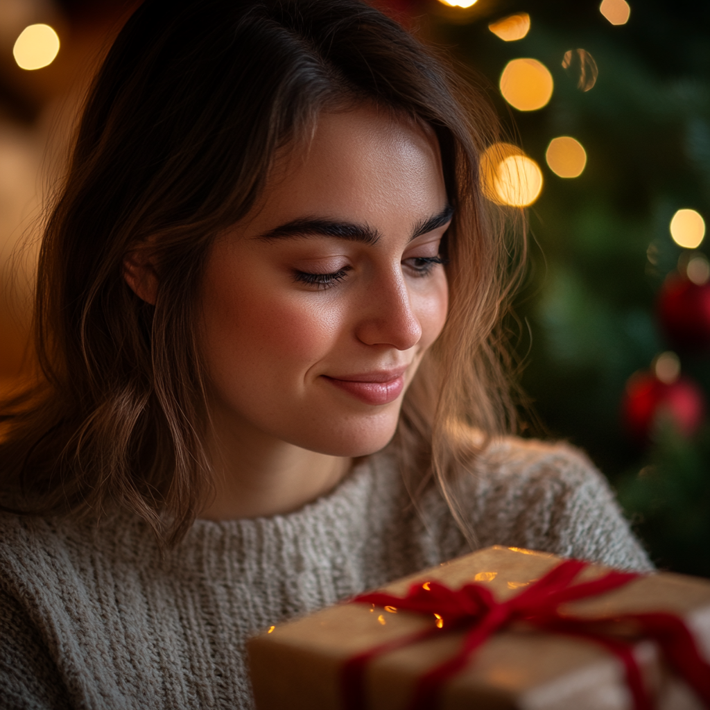 Une jeune femme qui regarde son cadeau avec un faux sourire | Source : Midjourney