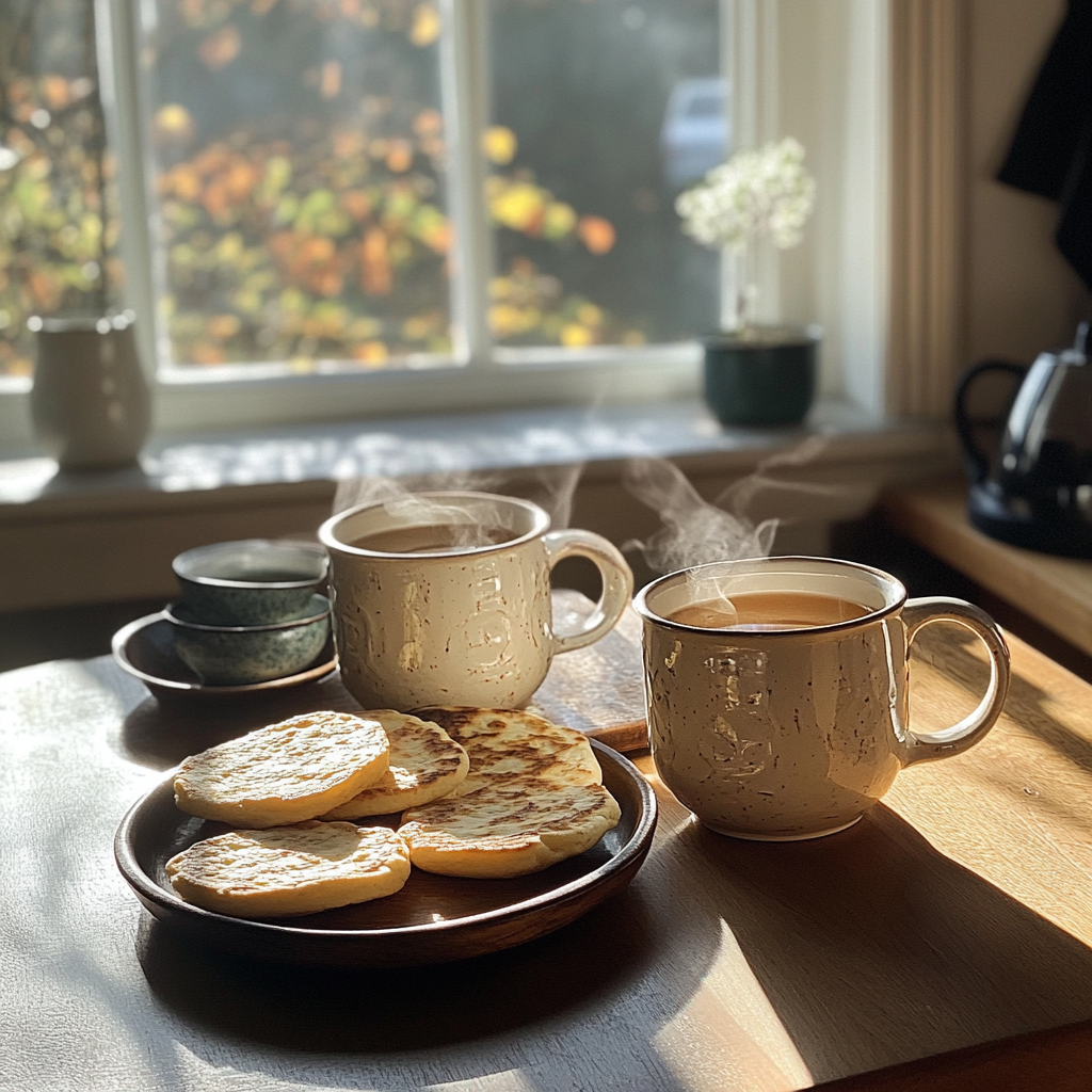 Thé et crumpets sur une table | Source : Midjourney