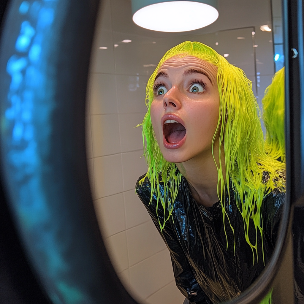 Une femme choquée qui regarde ses cheveux dans le miroir du salon de coiffure | Source : Midjourney