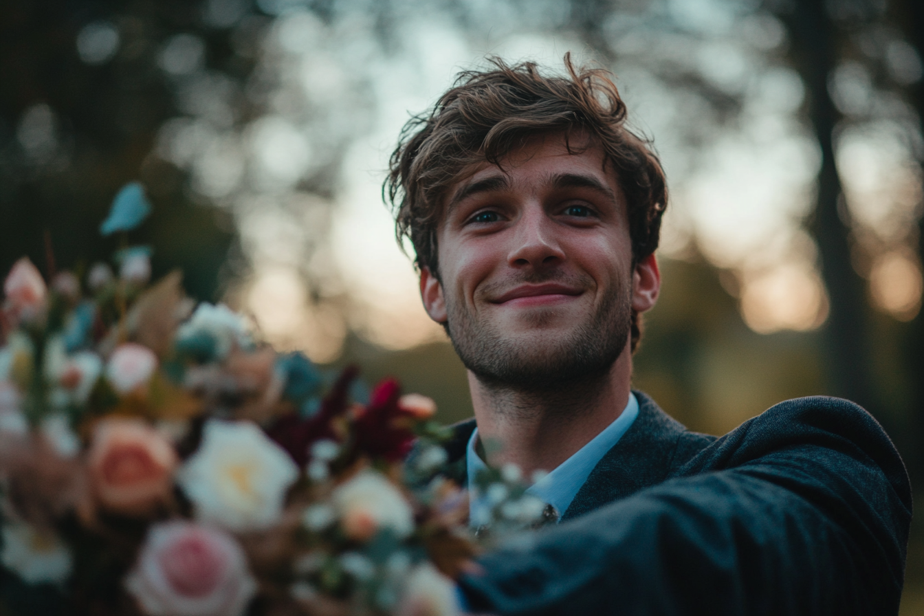 Un jeune homme souriant qui tend un bouquet | Source : Midjourney